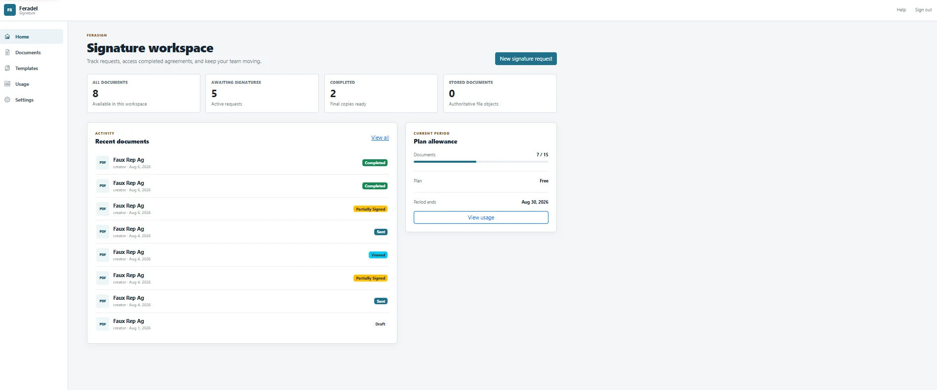 FeraSign dashboard showing signature request status, recent activity, completed documents, and plan usage.