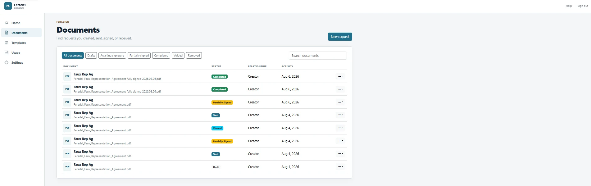 FeraSign document list showing request lifecycle statuses and document actions.