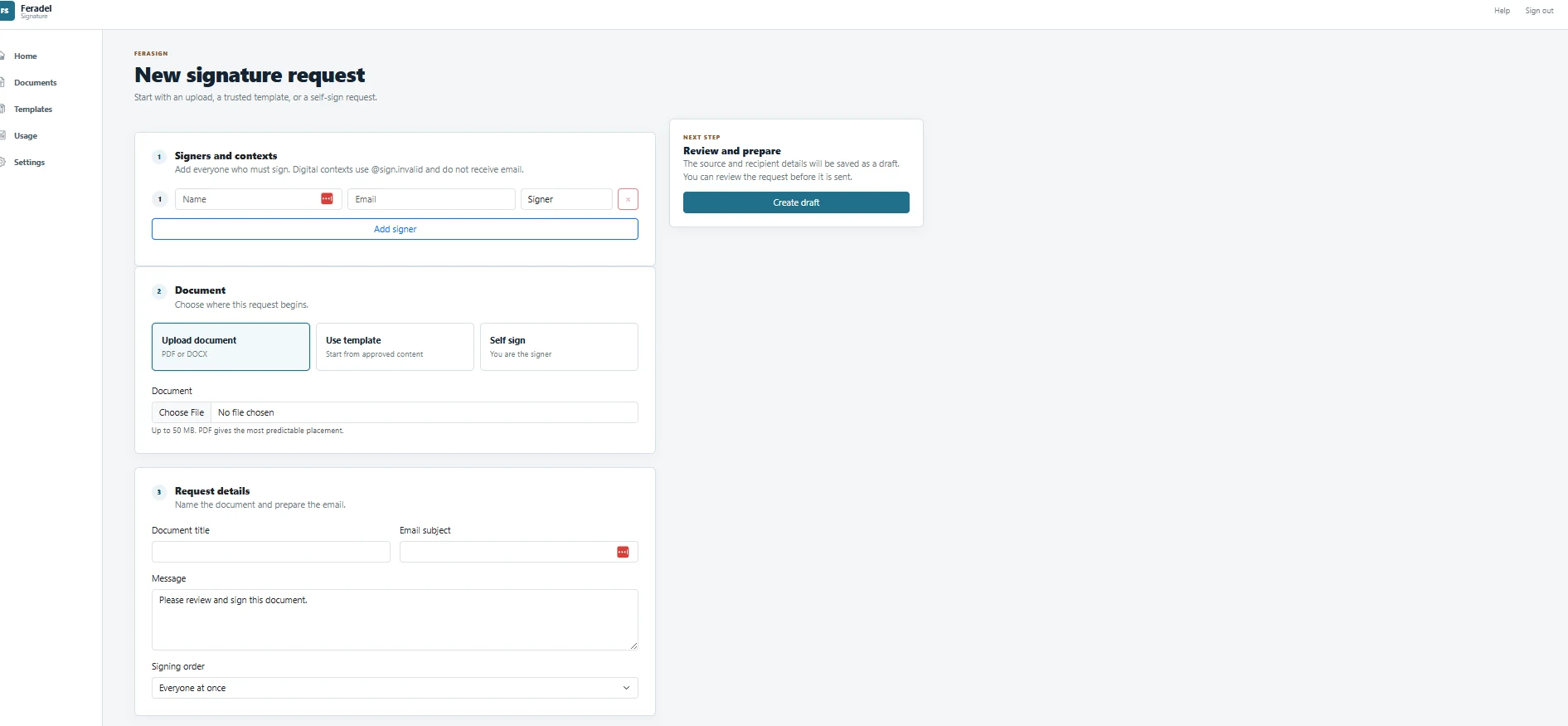 FeraSign new signature request screen with document, template, signer, and signing order controls.