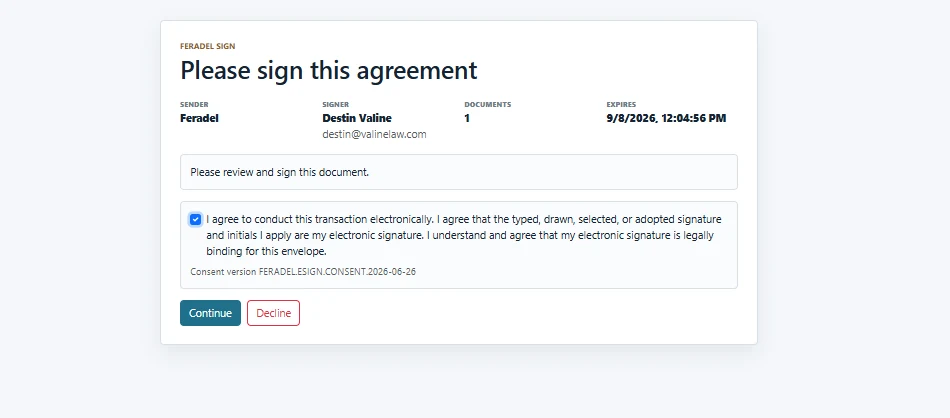 FeraSign signer consent screen presented before document signing.