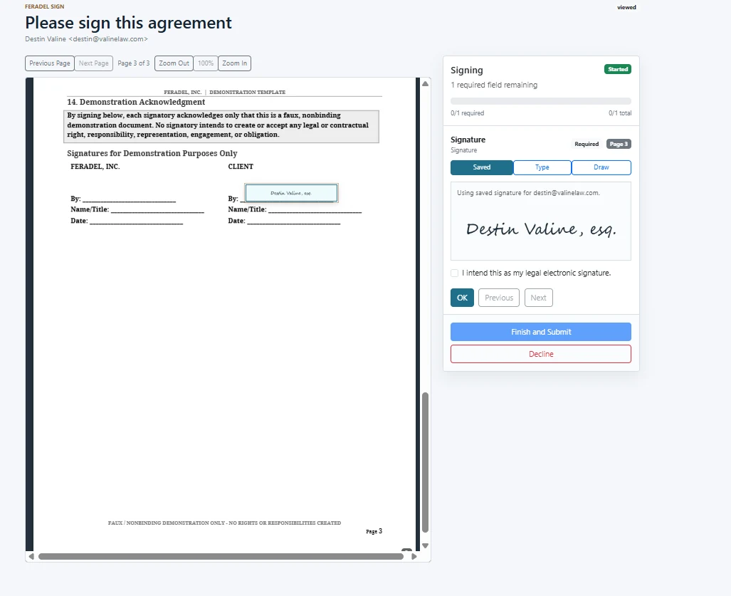 FeraSign signing screen with document viewer, signature controls, required field progress, and finish action.