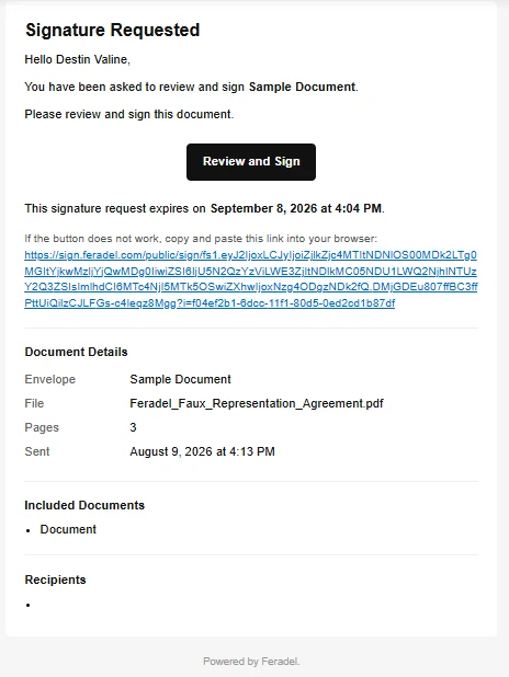 Example FeraSign signature request email with a review-and-sign action and document details.