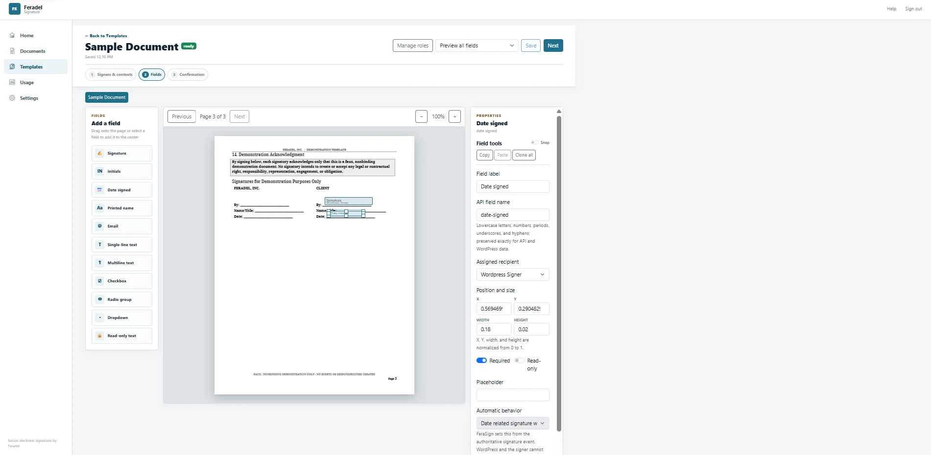 FeraSign reusable template field setup screen.