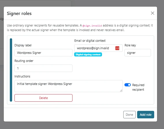 FeraSign template role manager for defining signer roles and role keys.