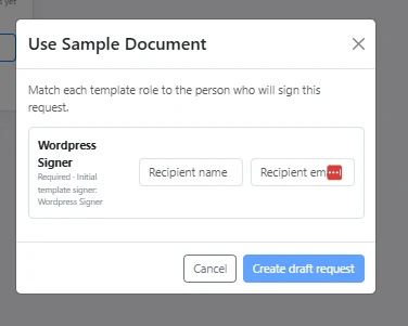FeraSign use-template dialog mapping a template role to a recipient name and email.