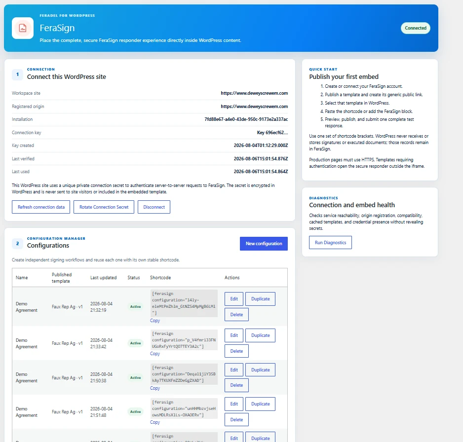 FeraSign for WordPress administration screen showing connection status, configurations, quick start guidance, and diagnostics.