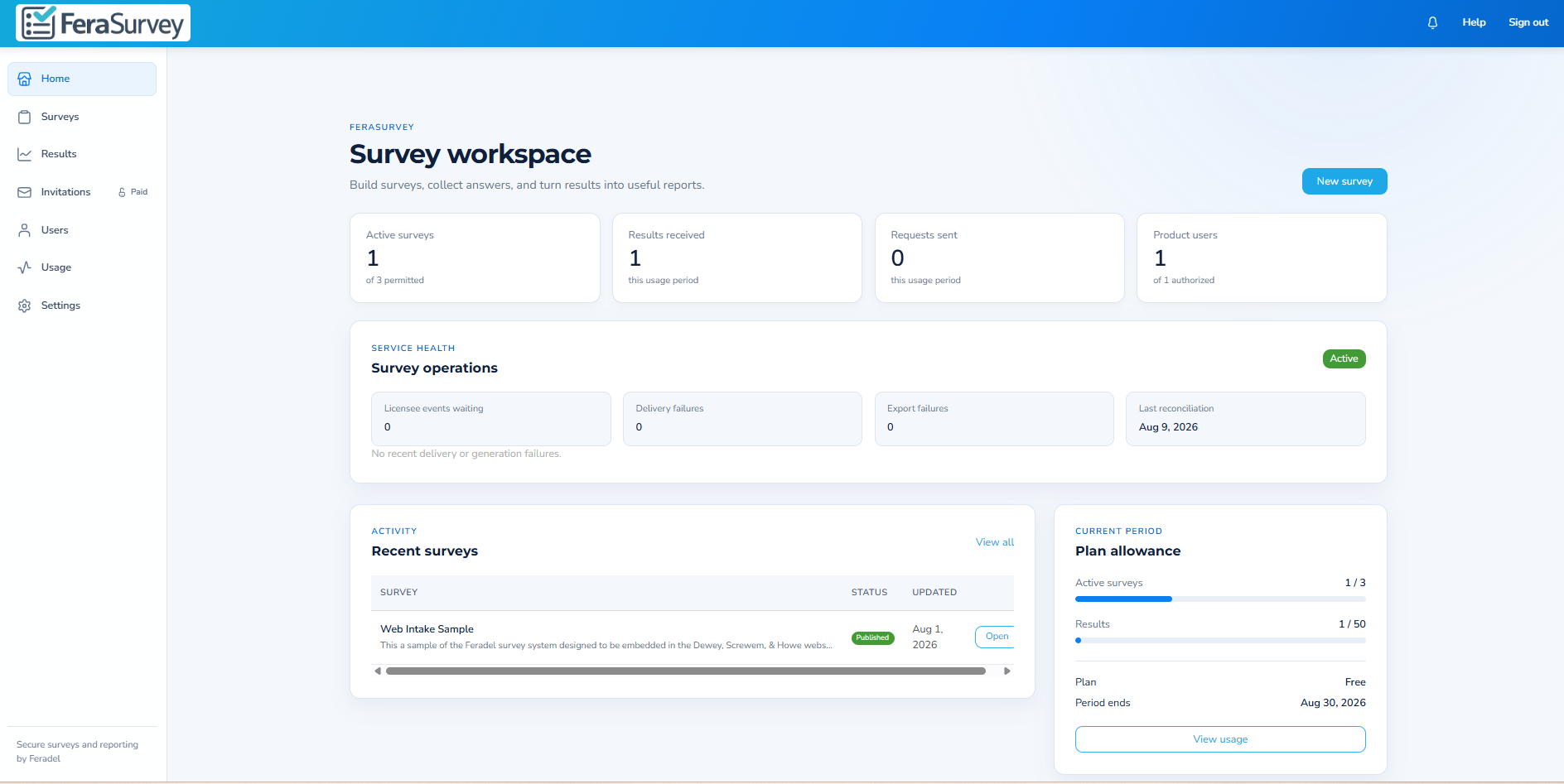 FeraSurvey dashboard showing survey workspace, recent surveys, recent responses, and usage.