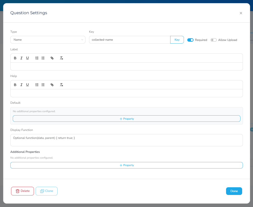 FeraSurvey question settings panel.