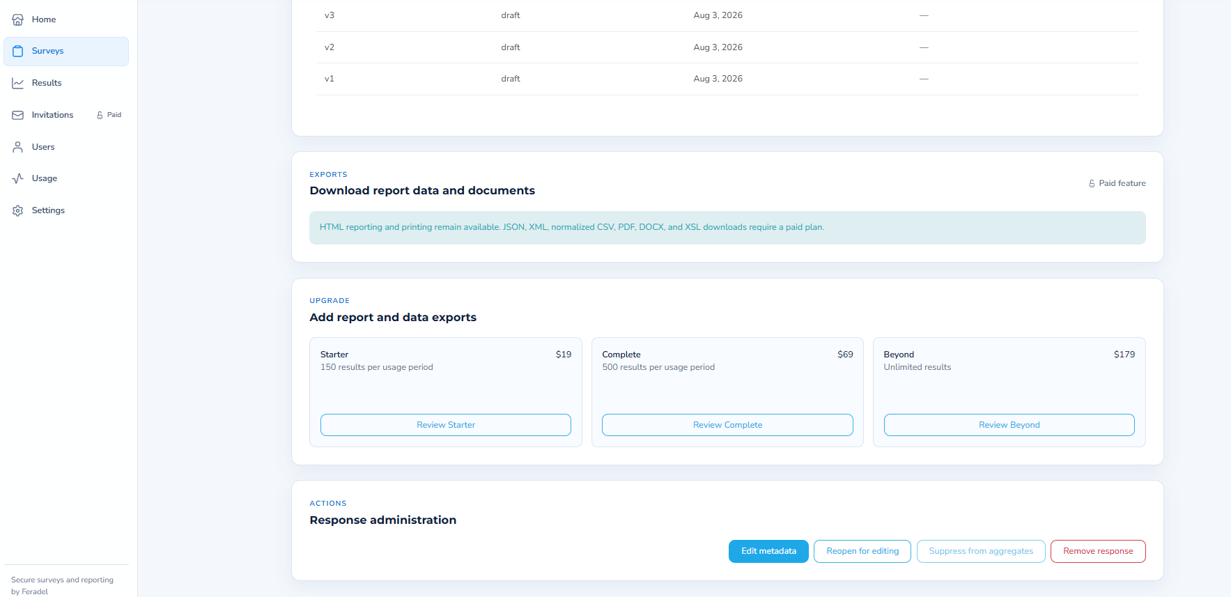 FeraSurvey report export and response administration controls.