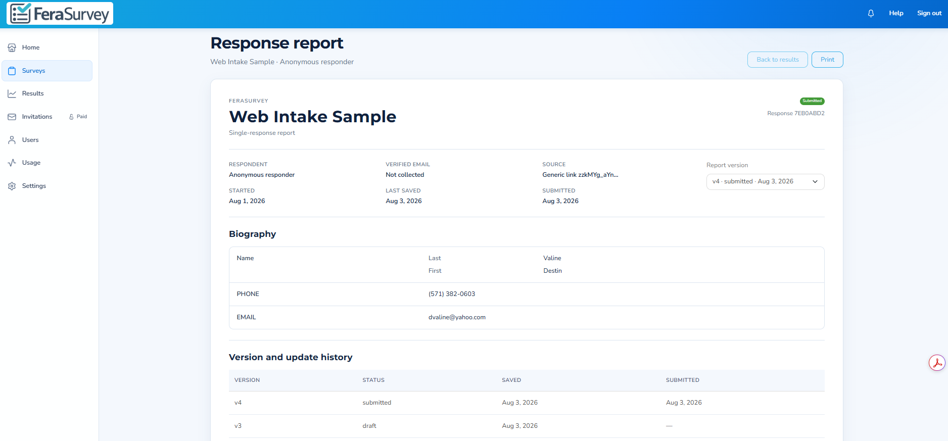 FeraSurvey single-response report with response history.