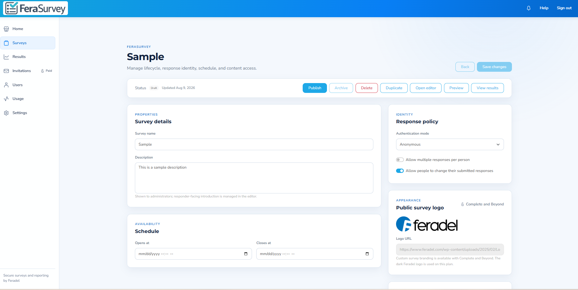 FeraSurvey survey properties and publishing controls.