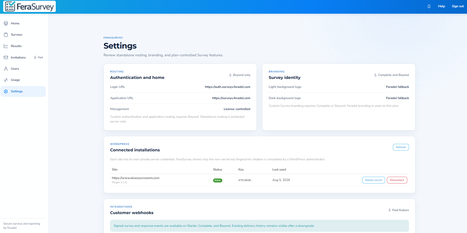 FeraSurvey settings showing connected WordPress sites and customer webhook integrations.