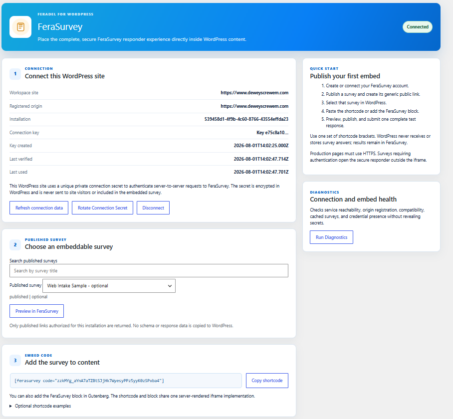 FeraSurvey for WordPress administration screen showing connection, survey selection, embed code, and diagnostics.